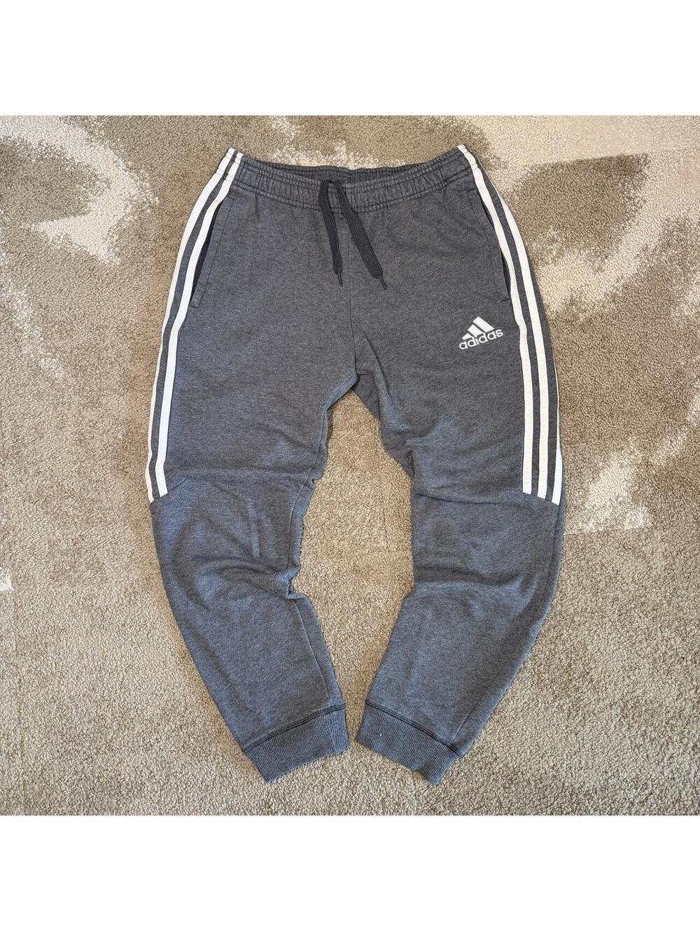 Adidas Dark Heather Grey Tapered Jogger Sweatpants Zipper Pockets 3-Stripe Sz Sm